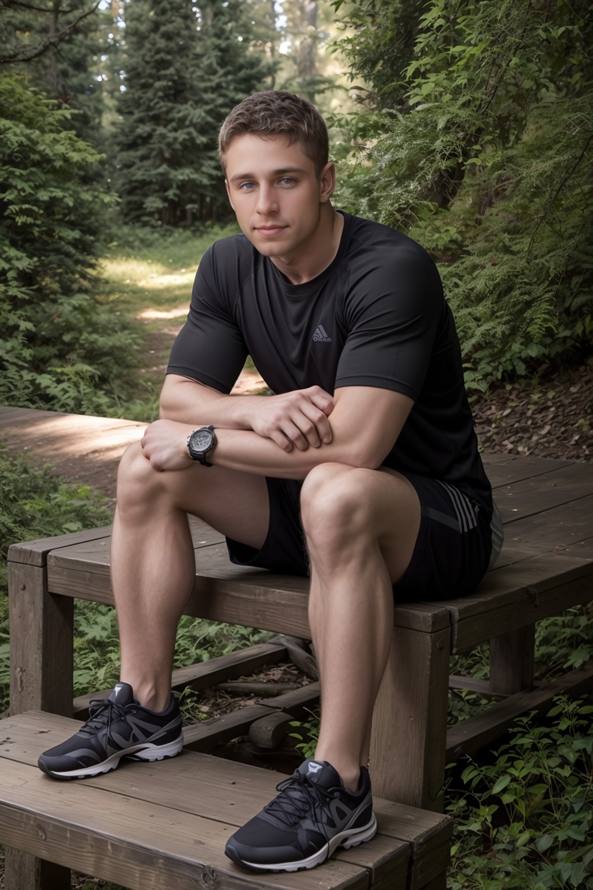 photo of male sc_abe  <lora:sc_abe-06:0.75> sitting on a bench in a Washington State forest wearing a black compression sh...